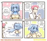  /\/\/\ 0_0 1boy 1girl 4koma absurdres bare_shoulders blue_eyes blue_hair blue_skin breast_hold breast_reduction breasts collared_shirt comic dress english flat_chest glasses goo_girl greenteaneko hidden_eyes highres large_breasts long_sleeves monster_girl off-shoulder_dress off-shoulder_sweater off_shoulder original pink_hair pointy_ears shirt sleeves_past_wrists spitting surprised sweater twintails white_dress wing_collar 