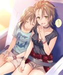  2girls bare_arms black_shirt blue_shirt breasts brown_hair cleavage clothes_around_waist collar collarbone eyebrows eyebrows_visible_through_hair finger_to_mouth fukahire_sanba green_eyes hands_on_thighs idolmaster idolmaster_cinderella_girls kimura_natsuki leaning_on_person multiple_girls off-shoulder_shirt open_mouth patterned_clothing seatbelt shirt shirt_around_waist short_hair shorts sitting sleeping sleeping_on_person speech_bubble tada_riina whispering wristband 