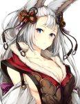  1girl animal_ears bangs blue_eyes blunt_bangs bow breasts cleavage collarbone detached_sleeves erun_(granblue_fantasy) expressionless flower fur_trim granblue_fantasy hair_flower hair_ornament highres long_hair looking_at_viewer looking_to_the_side oyu_(sijimisizimi) side_cutout sideboob silver_hair socie_(granblue_fantasy) solo upper_body 