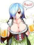  1girl alcohol apron beer blue_hair breasts cleavage collarbone commentary_request corset cup dirndl dress german german_clothes gradient_hair hair_over_one_eye long_hair looking_at_viewer mug multicolored_hair oktoberfest optronics red_eyes smile solo teeth underbust very_long_hair viprpg 