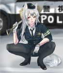  1girl anger_vein angry animal_ears armband gloves gun handgun hat high_heels original pantyhose panzer police police_uniform red_eyes revolver smoking solo spread_legs squatting tail uniform watch watch weapon 