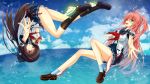  2girls ao_no_kanata_no_four_rhythm black_hair black_legwear black_ribbon blue_eyes blue_legwear blue_skirt flying hair_ornament hair_ribbon highres kurashina_asuka long_hair looking_at_viewer multiple_girls ocean open_mouth outdoors pink_hair pleated_skirt ribbon school_uniform serafuku skirt sky skyneko socks tobisawa_misaki violet_eyes 