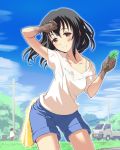  1girl argon black_hair bra_strap fujiwara_hajime idolmaster idolmaster_cinderella_girls long_hair mud see-through shirt smile solo sweat weeds wet wet_clothes wet_shirt wiping_sweat 