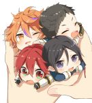  4boys atsushi_toushirou black_hair brown_eyes brown_hair chibi closed_eyes gotou_toushirou hands highres male_focus miniboy multicolored_eyes multicolored_hair multiple_boys open_mouth redhead shinano_toushirou smile streaked_hair touken_ranbu unapoppo violet_eyes yagen_toushirou 