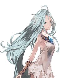  1girl ahoge akiha_(attract) aqua_eyes aqua_hair armpits bare_shoulders choker cowboy_shot dress granblue_fantasy long_hair looking_at_viewer lyria_(granblue_fantasy) open_mouth simple_background solo very_long_hair white_background white_dress 