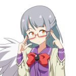 1girl :c adjusting_glasses bespectacled bow broom cato_(monocatienus) frown glasses grey_hair jacket kishin_sagume long_sleeves open_clothes open_jacket orange_hair purple_shirt red-framed_glasses red_bow semi-rimless_glasses shirt simple_background single_wing solo touhou under-rim_glasses upper_body white_background wings 