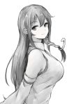  1girl animal bare_shoulders breasts collared_vest detached_sleeves eyebrows eyebrows_visible_through_hair from_side greyscale hair_between_eyes hair_ornament highres kochiya_sanae koretsuki_aduma large_breasts long_hair long_sleeves looking_at_viewer looking_to_the_side monochrome sketch snake snake_hair_ornament solo touhou upper_body vest wing_collar 
