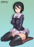  1girl artist_name bike_shorts black_hair boots breasts dated frilled_skirt frills gradient gradient_background green_eyes hair_between_eyes highres kneeling large_breasts looking_at_viewer norasuko parted_lips short_hair skirt solo the_seven_deadly_sins thigh-highs totsuka_maria 