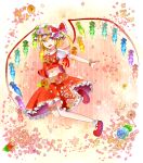  1girl ascot blonde_hair blue_rose bow flandre_scarlet flower flower_request frilled_bow frills full_body hair_bow hat hat_bow midriff mob_cap petals puffy_short_sleeves puffy_sleeves red_bow red_eyes red_shoes red_skirt red_vest rose sakipsakip shoes short_sleeves side_ponytail skirt solo touhou wings 