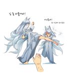  2girls animal_ears artist_request barefoot blocking fox_ears fox_tail kicking korean korean_clothes multiple_girls siblings silver_hair simple_background sisters tail translated white_background 
