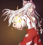  &gt;:) 1girl baggy_pants bow breasts cleavage commentary_request cowboy_shot ebiblue fire foreshortening fujiwara_no_mokou grin hair_bow hand_in_pocket juliet_sleeves long_hair long_sleeves looking_at_viewer pants puffy_sleeves red_eyes red_pants shirt silver_hair slit_pupils smile solo suspenders touhou unbuttoned unbuttoned_shirt white_shirt 