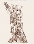  1girl absurdres ale_(ale_halexxx) animal_ears armor cat_ears cat_tail dragoon_(final_fantasy) facial_mark final_fantasy final_fantasy_xiv from_behind highres long_hair looking_at_viewer miqo&#039;te monochrome sketch slit_pupils solo tail traditional_media 