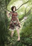  1girl 2016 arm_support armor barefoot black_eyes black_hair blush breastplate dappled_sunlight final_fantasy final_fantasy_xi flower forest highres hume in_tree leaf light_smile looking_at_viewer morere najelith nature no_hat short_hair signature solo spaulders stick sunlight tree tree_branch 