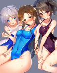  3girls :d anastasia_(idolmaster) bare_arms bare_legs bare_shoulders between_breasts black_bow blue_eyes blue_swimsuit blush bow breast_press breasts brown_eyes brown_hair character_request cleavage collarbone competition_swimsuit eikisama113 eyebrows eyebrows_visible_through_hair grey_background groin hair_between_eyes hair_bow head_tilt highres idolmaster idolmaster_cinderella_girls kanzaki_ranko kneeling large_breasts long_hair looking_at_viewer multiple_girls nitta_minami one-piece_swimsuit open_mouth purple_swimsuit shiny shiny_clothes shiny_skin short_hair silver_hair simple_background sitting skin_tight smile swimsuit twintails water water_drop wet 