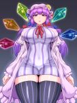  1girl breasts covered_nipples crescent crescent_hair_ornament dashigarayama dress hair_ornament hat highres huge_breasts long_hair mob_cap patchouli_knowledge purple_hair short_dress solo striped striped_dress thick_thighs thigh-highs thighs touhou violet_eyes zettai_ryouiki 