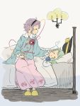  2girls bed black_hat blanket blue_shirt blush_stickers candle candlelight chii-kun_(seedyoulater) closed_eyes green_hair hairband hand_on_another&#039;s_face hat hat_ribbon heart-shaped_buttons komeiji_koishi komeiji_satori long_skirt multiple_girls on_bed pillow pink_skirt purple_hair ribbon shirt siblings silver_background sisters sitting sitting_on_bed skirt sleeping slippers third_eye touhou violet_eyes wide_sleeves 