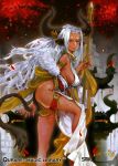  1girl animal_ears architecture armband ass breasts collar cow_ears cow_horns cow_tail dark_skin east_asian_architecture fur_trim horn_ornament horns large_breasts long_hair no_panties pink_eyes qurare_magic_library sagging_breasts sky solo staff tail very_long_hair white_hair woodenmanatees 