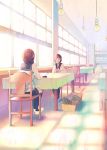  2girls bag basket brown_hair cake chair cup drinking food hair_ribbon highres indoors light_bulb long_hair looking_at_another multiple_girls original plate restaurant ribbon saucer scenery school_bag school_uniform serafuku shinobu_(kobanatu) sitting slice_of_cake sunlight table tablecloth teacup texture twintails window 