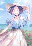  1girl ^_^ ^o^ absurdres adjusting_clothes adjusting_hat arm_at_side arm_up bare_shoulders black_hair blue_hair blue_shirt blue_sky blurry cliff closed_eyes collarbone cowboy_shot day depth_of_field field glint grass hat hayami_kanade highres horizon idolmaster idolmaster_cinderella_girls ilo jewelry light_rays lips necklace ocean off-shoulder_shirt off_shoulder pink_flower plant shirt short_hair skirt sky solo sun_hat sunlight water white_hat white_skirt 