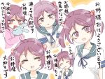  1girl bangs blush blush_stickers cink-knic closed_eyes hair_bobbles hair_down hair_ornament holding_doll kantai_collection open_mouth pajamas pink_eyes pink_hair sazanami_(kantai_collection) school_uniform serafuku smile solo translated twintails 