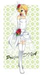  arms_behind_back bare_shoulders blush boots dress flower headset kagamine_rin project_diva smile solo tamura_hiro thigh-highs thigh_boots thighhighs vocaloid wedding_dress zettai_ryouiki 