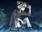  blonde_hair blue_eyes goggles headphones jewelry kagamine_len magnifying_glass male shoes short_hair shorts sitting smile socks solo tama_(songe) vocaloid 
