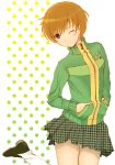  brown_hair hijiri_ruka jacket jumping persona persona_4 satonaka_chie short_hair skirt wink 