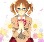  1girl blue_eyes brown_hair flower glasses kakumeiki_valvrave petals ribbon sakurai_aina school_uniform skirt solo twintails 