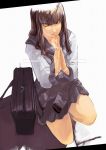  bigegg brown_hair closed_eyes dutch_angle highres kneeling long_hair nail_polish one_knee picture praying realistic school_uniform serafuku skirt sweater_around_waist taking_picture zipper 