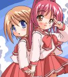  back_to_back blue_eyes brown_eyes brown_hair kekyo komaki_manaka kousaka_tamaki long_hair lowres oekaki red_hair redhead school_uniform serafuku to_heart_2 