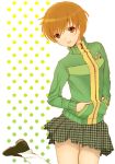  brown_hair hijiri_ruka jacket jumping persona persona_4 satonaka_chie short_hair skirt smile 