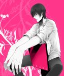  bad_id chimachi flower foreshortening hands male original pink red_eyes short_hair sitting solo 