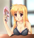  bad_id blonde_hair blush breast_rest breasts cleavage fan fate_testarossa large_breasts long_hair mahou_shoujo_lyrical_nanoha mahou_shoujo_lyrical_nanoha_strikers strap_slip takamachi_nanoha 