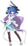 angry blue_hair cosplay detached_sleeves girl kneehighs pokemon ribbons short_hair suicune sword 