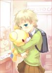  backpack bad_id bag blonde_hair blue_eyes blush hug short_hair skirt smile stuffed_animal stuffed_toy takeda_mika teddy_bear 