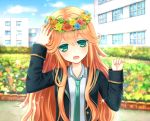  1girl flower green_eyes head_wreath highres jacket long_hair necktie orange_hair school_uniform solo 