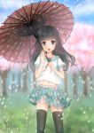  1girl black_hair blue_eyes cherry_blossoms happy long_hair navel petals skirt solo thighhighs umbrella 
