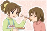  apron brown_eyes brown_hair chopsticks chunpai crustacean feeding food hirasawa_ui hirasawa_yui k-on! multiple_girls ponytail short_hair shrimp shrimp_tempura siblings sisters tempura young 
