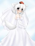  animal_ears bad_id bare_shoulders blush bride dress elbow_gloves gloves grey_eyes hat inubashiri_momiji ryutotoranoikkiuchi silver_hair solo tail tokin_hat touhou wedding_dress wolf_ears wolf_tail 