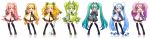  alternate_hairstyle apple aqua_hair blonde_hair blue_hair blueberry cherry_blossoms clytze detached_sleeves food food_themed_clothes fruit grapes green_hair hatsune_miku headset highres holding holding_fruit long_hair long_image orange orange_hair pineapple pink_hair pixel_art purple_hair thigh-highs thighhighs twintails v vocaloid wide_image 