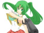  green_hair grin gun handgun highres higurashi_no_naku_koro_ni long_hair nemu_(nebusokugimi) pistol ponytail school_uniform smile sonozaki_mion weapon 