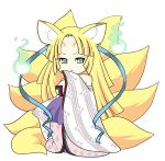  animal_ears bad_id bangs bare_shoulders blonde_hair breasts chibi detached_sleeves eyeshadow facial_mark forehead_mark fox_ears fox_tail ghost glowing green_eyes green_hair hair_ribbon japanese_clothes kimono kyuubi large_breasts long_hair long_sleeves looking_at_viewer makeup mame mame_(dream_crown) multiple_tails no_bra omachi parted_bangs rance_(series) ribbon see-through sengoku_rance solo standing striped tail wide_sleeves 