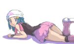  bare_shoulders blue_hair boots hat hikari_(pokemon) jpeg_artifacts long_hair lowres lying pokemon simple_background skirt smile solo white_background 