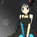  1girl akiyama_mio bare_shoulders black black_eyes black_hair blue_legwear breasts don&#039;t_say_&quot;lazy&quot; don&#039;t_say_lazy dress fingerless_gloves gloves hat k-on! large_breasts long_hair pantyhose shiratori_serano sitting solo top_hat v_arms 