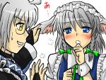  1girl animal_ears couple dog_ears enokuma_u-ta izayoi_sakuya kemonomimi_mode morichika_rinnosuke silver_hair touhou 