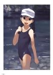  absurdres black_eyes braid child flat_chest grey hat highres muted_color one-piece_swimsuit school_swimsuit short_hair smile solo swimsuit takamichi twin_braids water 