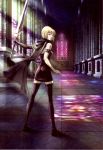  absurdres alternate_costume bare_shoulders blonde_hair cape clare clare_(claymore) claymore claymore_(sword) grey_eyes highres short_hair silver_eyes solo sword thigh-highs thighhighs weapon 