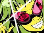  glasses green_hair grin gumi high_contrast lens_flare parody smile solo style_parody tengen_toppa_gurren_lagann vocaloid 