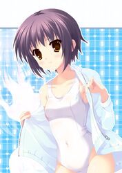  brown_eyes clothed_navel grey_hair hatori_piyoko heart jacket_over_swimsuit nagato_yuki navel one-piece_swimsuit open_clothes open_jacket plaid purple_hair school_swimsuit short_hair solo suzumiya_haruhi_no_yuuutsu swimsuit tartan undressing white_school_swimsuit yellow_eyes zoom_layer 