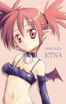  blush breast_hold choker demon_girl disgaea earrings elbow_gloves etna flat_chest gloves jewelry pointy_ears red_eyes red_hair redhead succubus twintails wings 